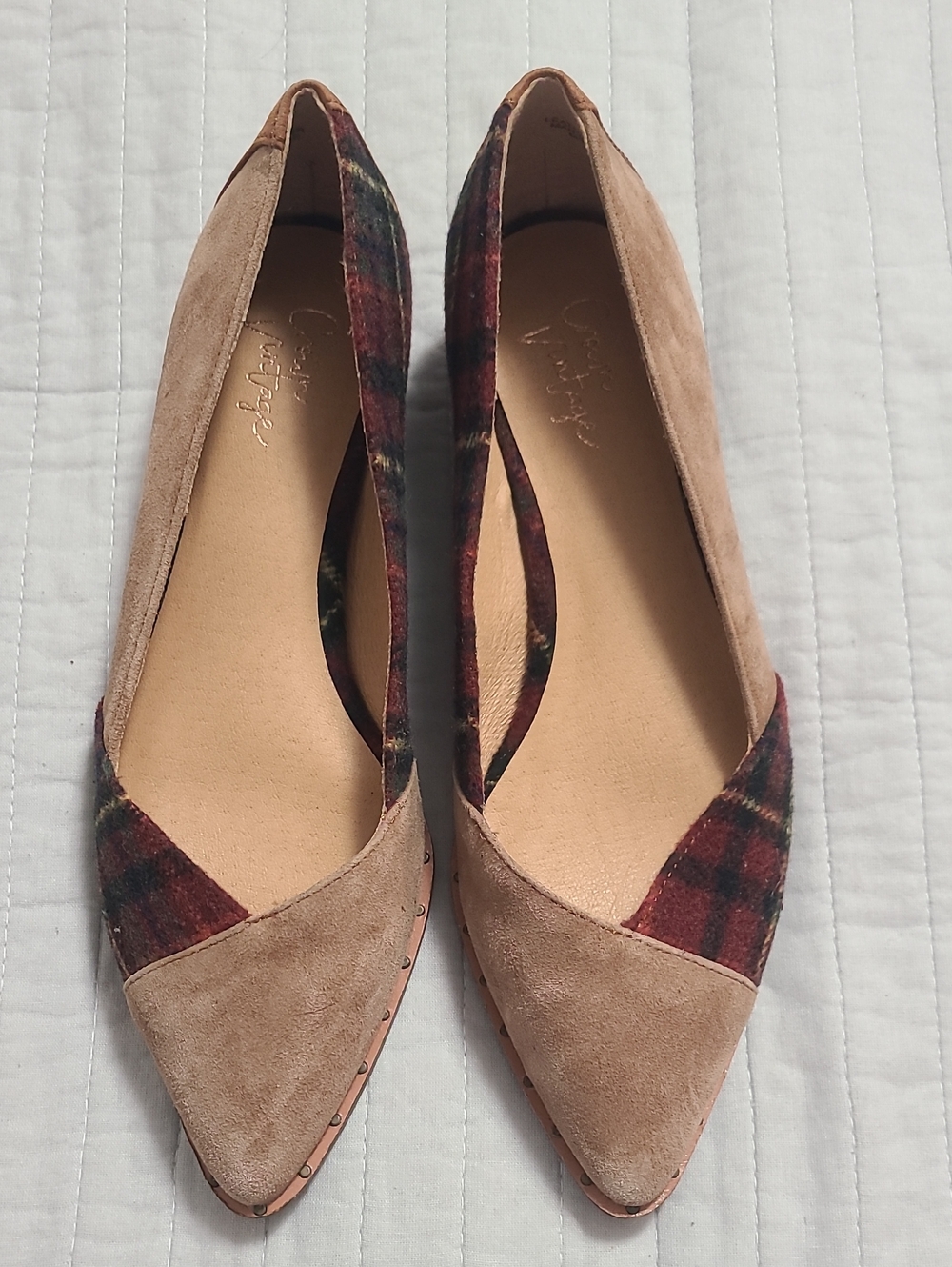 Crown Vintage Apphia Plaid & Tan Suede Women's Leather/Textile Upper Flats Sz 7M
